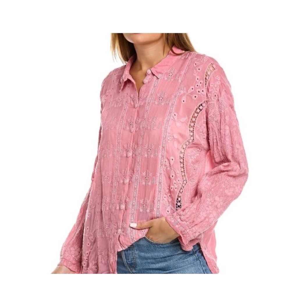 Johnny Was Womens Pink Embroidered Lace Eyelet Button Up Blouse Top Size M